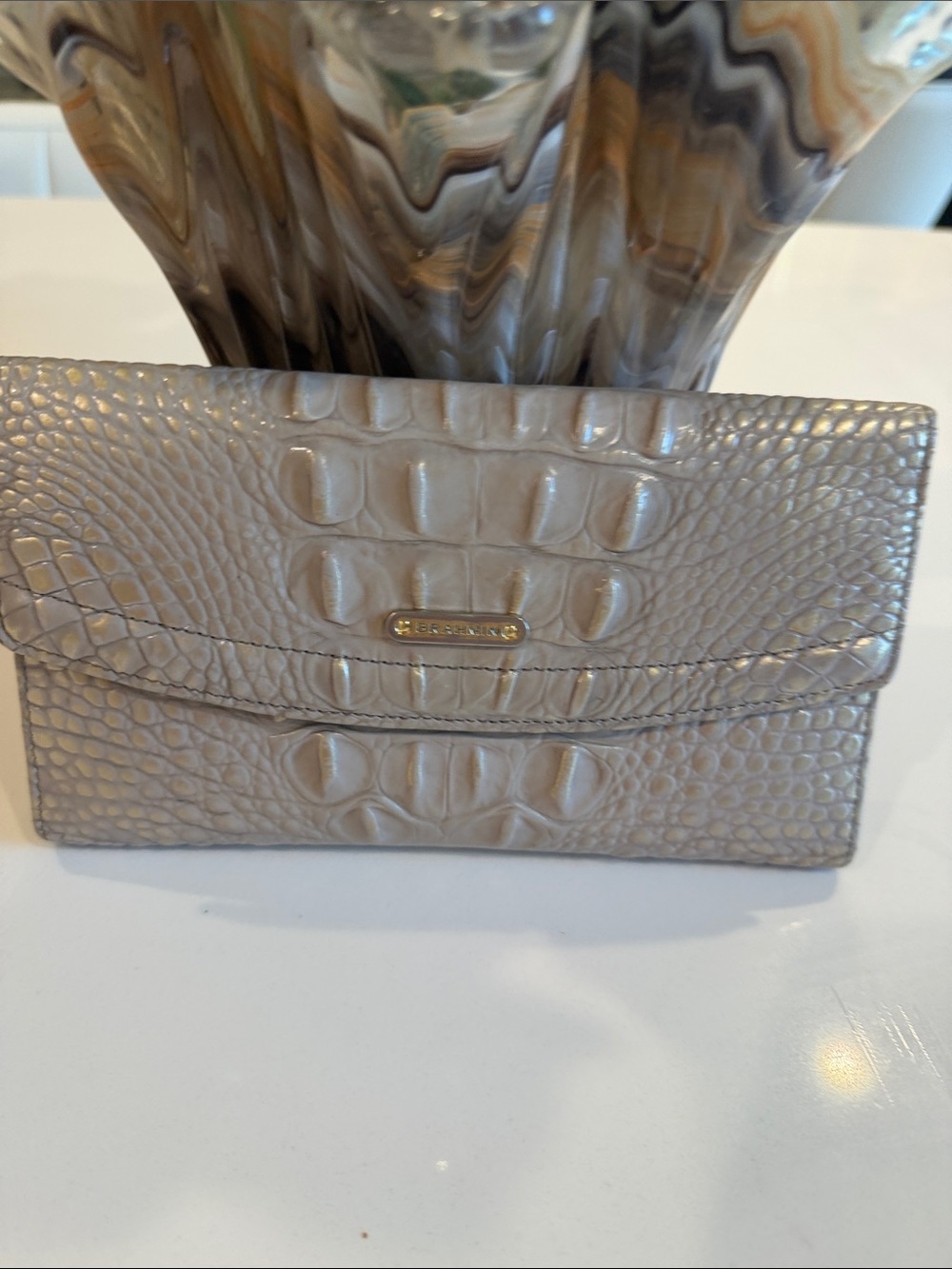 Brahmin Taupe Gold Croc-Embossed Wallet Clutch with Gold Logo